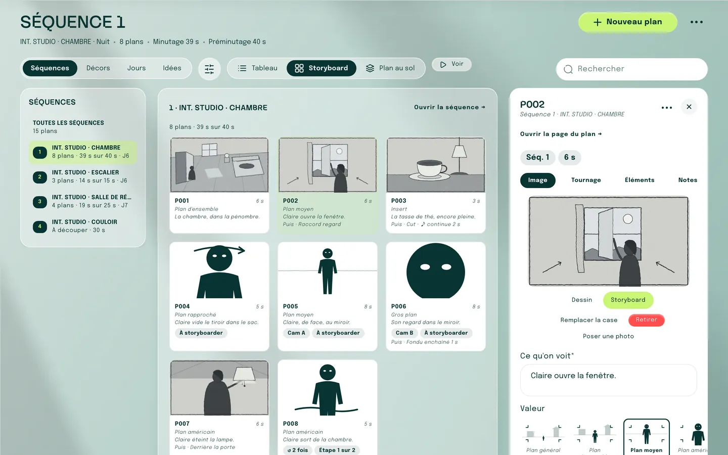 Le storyboard de la séquence 1 en grille, et à droite le plan P002 ouvert : sa case de storyboard, ce qu'on voit, sa valeur