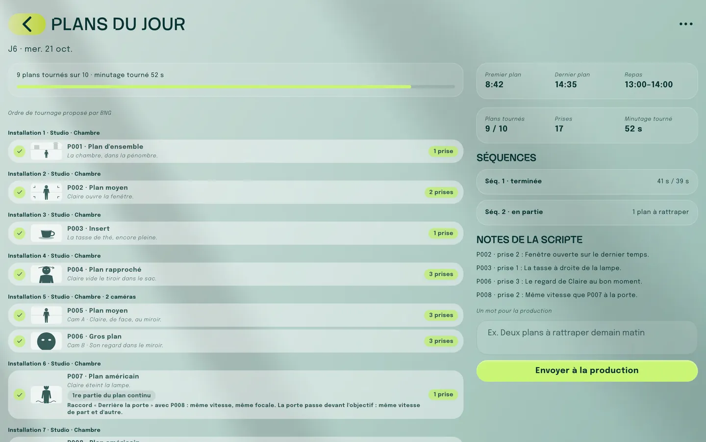 Les plans du jour de la journée J6 au Studio, rangés par installation, chacun avec ses prises ; à droite, le rapport de la journée : premier et dernier plan, repas, 9 plans tournés sur 10, 17 prises, minutage tourné, séquences